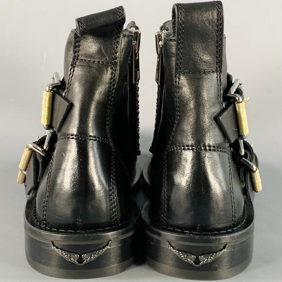 ZADIG & VOLTAIRE 8 Laureen Flap Black Studded Leather Belted Side Zipper Boots - Picture 3 of 10